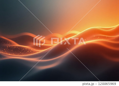 Gentle waves ripple gracefully under the warm glow of the setting sun, evoking a sense of calm and serenity. The scene captures an ethereal blend of orange and deep blue hues Generative AI 128865969