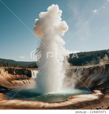 A powerful geyser bursts forth, sending a towering plume of steam high into the air, surrounded by stunning geothermal features and verdant forests in serene wilderness Generative AI 128865971