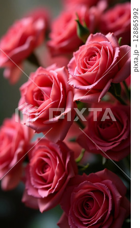 Cluster of soft pink roses blooms gracefully, exuding romance and warmth. The sunlight caresses their petals, highlighting the intricate details while creating an inviting atmosphere Generative AI 128865992