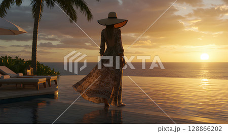 woman in dress on maldivian sunset 128866202