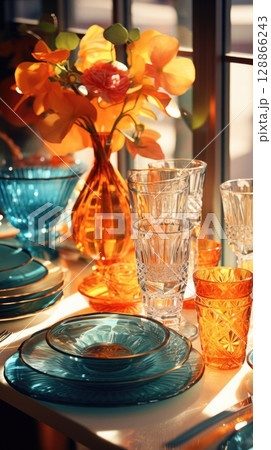 transparent glass retro dish colorful tableware, ai transparent glass retro dish colorful tableware, ai 128866243