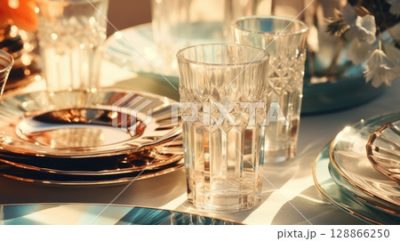 transparent glass retro dish colorful tableware, ai 128866250