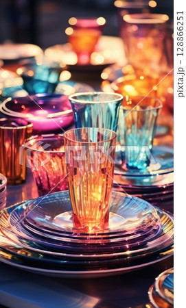 transparent glass retro dish colorful tableware, ai 128866251