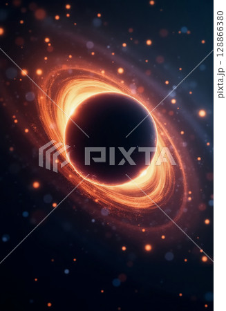 A mesmerizing black hole at the center of a vibrant galaxy spins elegantly, surrounded by glowing cosmic dust and brilliant stars, creating a stunning celestial display Generative AI 128866380