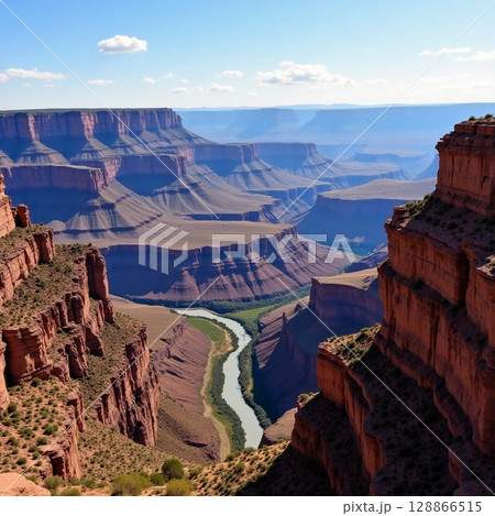 A captivating panorama reveals the Grand Canyon's stunning layers and textures. The winding river flows gently amidst the vast, sunlit landscape of towering cliffs and plateaus Generative AI 128866515