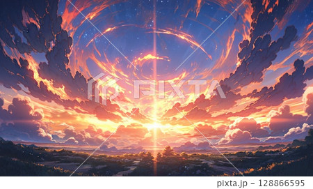 anime concept sky sunset landscape background eclipse, ai 128866595