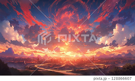 anime concept sky sunset landscape background eclipse, ai 128866607