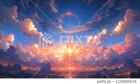 anime concept sky sunset landscape background eclipse, ai 128866638
