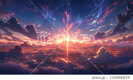 anime concept sky sunset landscape background eclipse, ai 128866639