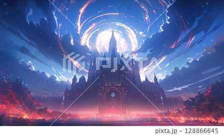 anime concept sky sunset landscape background eclipse, ai 128866645