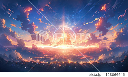 anime concept sky sunset landscape background eclipse, ai 128866646
