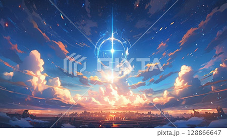anime concept sky sunset landscape background eclipse, ai 128866647