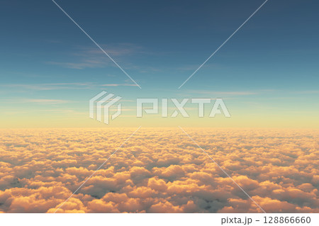 Above clouds, view from pilot cabine in airplane. Aerial view above clouds during the sunrise or sunset. Blue sky, white clouds with magic and soft sun light. 128866660