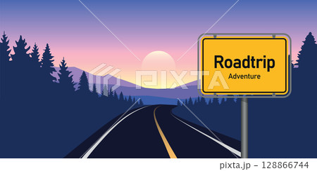 road trip adventure in the forest in mountain landscape vector illustration road trip adventure in the forest in mountain landscape vector illustration 128866744