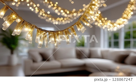 Glowing fairy lights cascade in a warm living room setting, creating a festive atmosphere. 128867247
