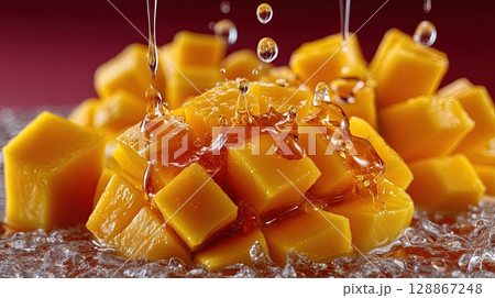 Close-up of juicy mango cubes drizzled with golden syrup, a sweet treat. 128867248
