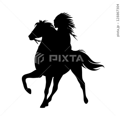 native american chief riding horse black vector...のイラスト素材 [128867304 ...