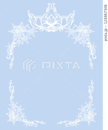 white vector silhouette of winter season queen crown with snow decor forming frame border 128867306