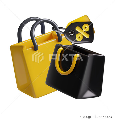 3d Shopping bags with black price tag and percentage sign discount and sale icon 3d Shopping bags with black price tag and percentage sign discount and sale icon 128867323