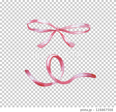 Watercolor pink ribbon and hand-drawn bow. The illustration is isolated on a white background. Festive decor. Clipart. Watercolor pink ribbon and hand-drawn bow. The illustration is isolated on a white background. Festive decor. Clipart. 128867508