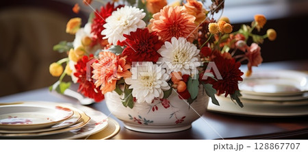 event table setting with chrysanthemum flower arrangement, ai 128867707