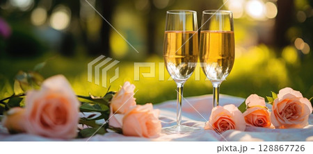 champagne picnic date in the park with flowers, ai champagne picnic date in the park with flowers, ai 128867726