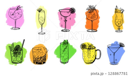 Colorful hand drawn cocktail collection of various drinks in unique glasses with citrus garnishes herbs ice cubes and decorative backgrounds sketch style vector illustration for bar and summer themes Colorful hand drawn cocktail collection of various drinks in unique glasses with citrus garnishes herbs ice cubes and decorative backgrounds sketch style vector illustration for bar and summer themes 128867781
