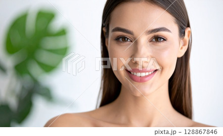 室内で微笑むナチュラルメイクの若い女性 128867846