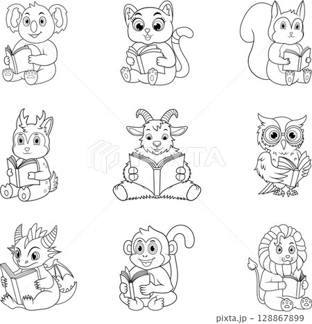Cute animals reading books line art Cute animals reading books line art 128867899