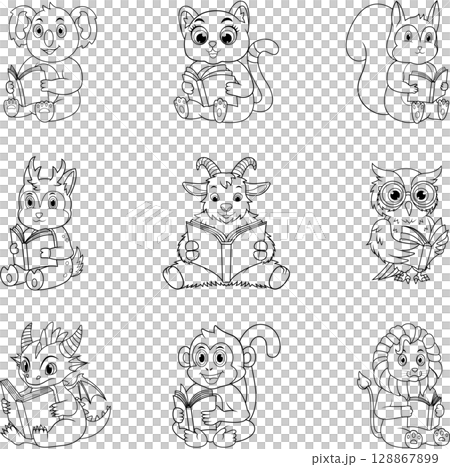 Cute animals reading books line art Cute animals reading books line art 128867899