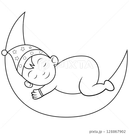 A cute baby sleeping on the moon line art A cute baby sleeping on the moon line art 128867902