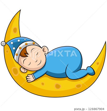 A cute baby sleeping on the moon 128867904