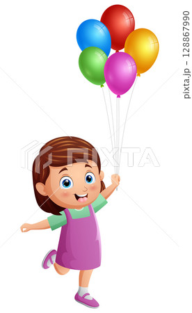 Cute little girl holding a bunch of colorful balloons Cute little girl holding a bunch of colorful balloons 128867990