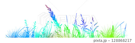 horizontal banners of meadow colored silhouettes with grass. hand drawn. Not AI, Vector illustration 128868217