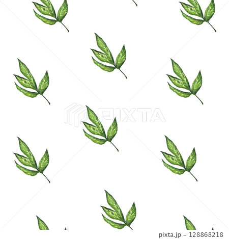 Watercolor green leaf seamless pattern. Perfect for wrapping, elegant background, decoration, textile. 128868218
