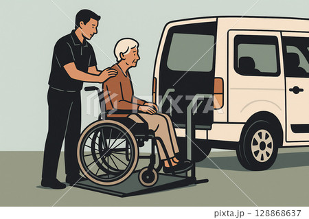 車椅子の高齢者を介護車に乗せる介護士の姿 128868637