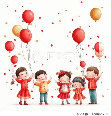 Realistic cartoon children are celebration chinese new year with balloons  128868789