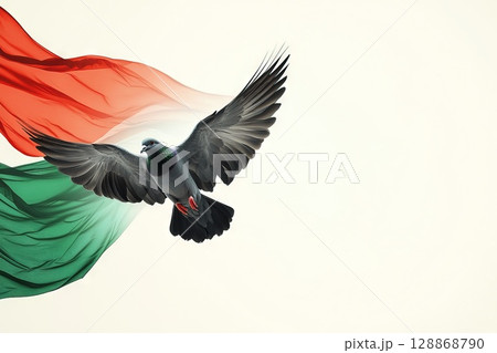 Realistic a pigeon fly front of red green flag and memorial white background. 128868790
