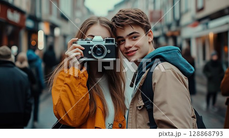 Traveling couple taking photos Loving couple walking through the city. 128868793