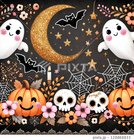 黒背景に映えるハロウィン装飾 パステル＆ラメ 128868833