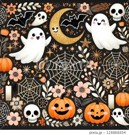 黒背景に映えるハロウィン装飾 パステル＆ラメ 128868834