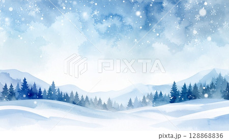 雪の結晶が描かれた冬の森の水彩風背景素材 雪の結晶が描かれた冬の森の水彩風背景素材 128868836