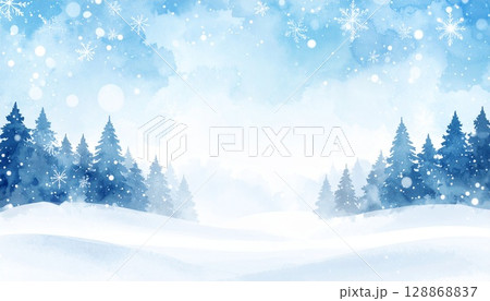 雪の結晶が描かれた冬の森の水彩風背景素材 雪の結晶が描かれた冬の森の水彩風背景素材 128868837