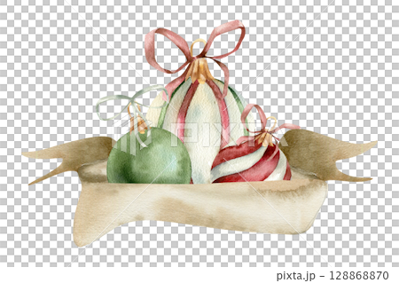 Christmas decoration watercolor illustration with vintage striped balls decorated with paper banner with copy space. Hand drawn New Year festive clipart for poster, greeting card,web design 128868870