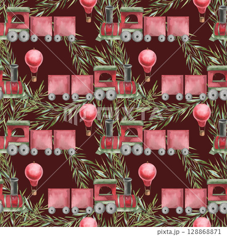Christmas vintage seamless pattern on dark with retro red train, evergreen spruce branches and red balloon watercolor illustration.New year and winter festive background for textile,fabric design Christmas vintage seamless pattern on dark with retro red train, evergreen spruce branches and red balloon watercolor illustration.New year and winter festive background for textile,fabric design 128868871