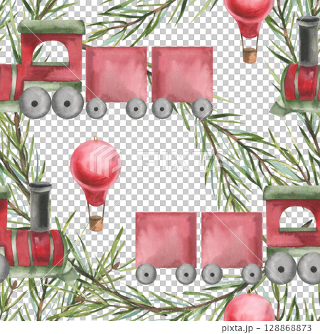 Christmas vintage seamless pattern with retro red train, evergreen spruce branches and red balloon watercolor illustration. Hand drawn New year and winter festive background for textile,fabric design Christmas vintage seamless pattern with retro red train, evergreen spruce branches and red balloon watercolor illustration. Hand drawn New year and winter festive background for textile,fabric design 128868873