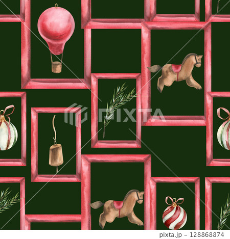 Vintage Christmas ornament with watercolor horse wooden toy,striped retro decorations for Christmas tree,spruce and golden bell illustration. Hand drawn New year festive background for wrapping Vintage Christmas ornament with watercolor horse wooden toy,striped retro decorations for Christmas tree,spruce and golden bell illustration. Hand drawn New year festive background for wrapping 128868874