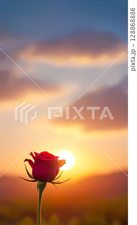 Single Red Rose Blooming Against Sunset Sky In Open Field. Concept Of Romantic Nature Moments, Floral Beauty, Love Symbolism, Emotional Visuals, And Poetic Seasonal Design 128868886