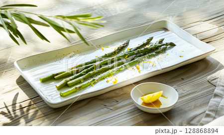 Green Asparagus With Lemon Zest On Ceramic Plate In Morning Light. Concept Of Clean Eating, Seasonal Plant-Based Food, Vegetarian Diet, Wellness Lifestyle, And Healthy Food 128868894