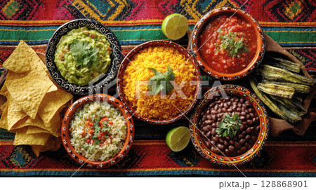 top view of mexican street food: tortilla chips, green and red salsa, guacamole, fried cactus, rice and refried beans, colorful ceramic bowls, tablecloth made of bright striped mexican fabric 128868901